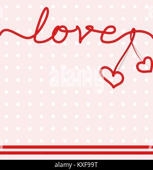 word love from bands with stitching and two hearts on a pink polka dot background Stock Vector