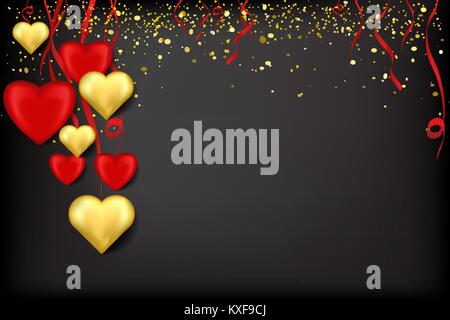 Valentine's Day card with red and golden hearts on ribbons with confetti on a black background Stock Vector