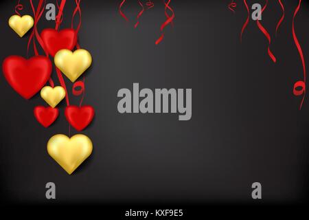 Valentine's Day card with red and gold three-dimensional hearts with ribbons on a black background Stock Vector