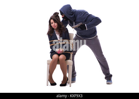 Kidnapper with tied woman isolated on white Stock Photo