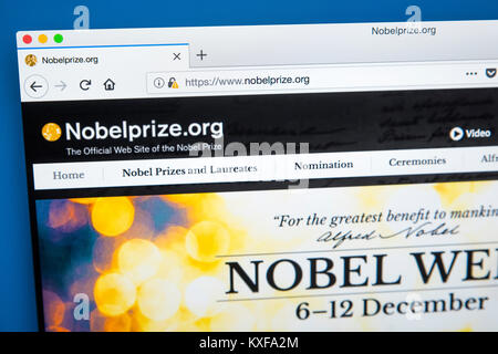 LONDON, UK - JANUARY 4TH 2018: The homepage of the official website for the Nobel Prize, on 4th January 2018. Stock Photo
