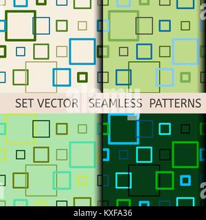 set of seamless green geometric patterns of the contour of the squares Stock Vector