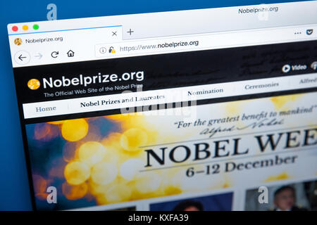 LONDON, UK - JANUARY 4TH 2018: The homepage of the official website for the Nobel Prize, on 4th January 2018. Stock Photo