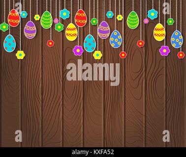 Easter eggs hanging on clothesline on a dark wooden background Stock Vector