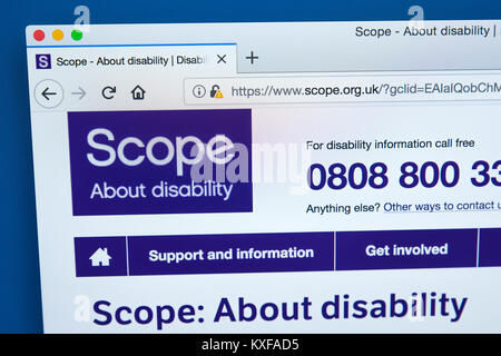 LONDON, UK - JANUARY 4TH 2018: The homepage of the official website for Scope - the leading disability charity in England and Wales, on 4th January 20 Stock Photo