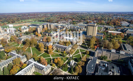 Aerial and drone view of the University of Notre Dame Fighting Irish campus in South Bend Indiana Stock Photo