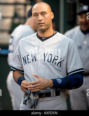 New York Yankees shortstop Derek Jeter (2) in the dugout prior to the game against the Baltimore Orioles at Oriole Park at Camden Yards in Baltimore, MD on Sunday, July 13, 2014.  Credit: Ron Sachs / CNP /MediaPunch (RESTRICTION: NO New York or New Jersey Newspapers or newspapers within a 75 mile radius of New York City) Stock Photo