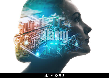AI(Artificial Intelligence) concept. Woman profile and smart city. Mixed media. Stock Photo