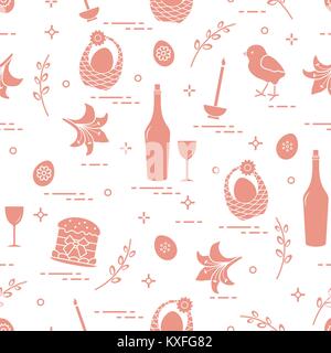 Pattern of Easter symbols: Easter cake, chick, lily, baskets, eggs and other. Design for banner, poster or print. Stock Vector