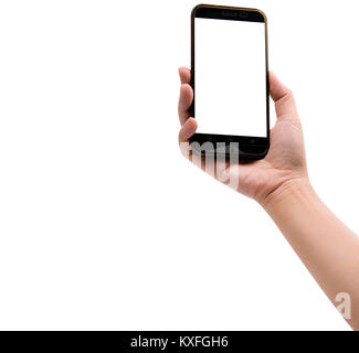 Asian people right hand holding empty screen phone and using smart phone selfie photo isolated on white background with clipping path Stock Photo
