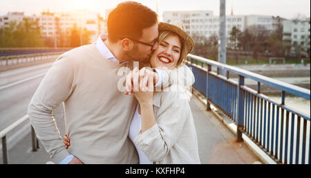 Kiss, love, romantic dating concept. Profile portrait of young