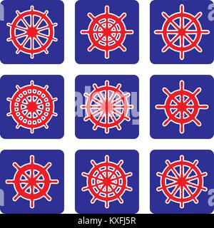 Ship wheel vector icon set on blue background Stock Vector