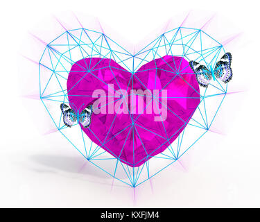 Abstract Heart in low poly style with pink light and blue butterflies on the white background for Happy Valentine's Day celebration. 3D rendering. Stock Photo