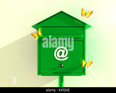 Green Mail box with yellow butterflies. 3D rendering. Stock Photo