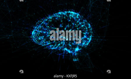 Polygonal brain shape of an artificial intelligence with lines and glowing dots and shadow over the dark blue background. 3D rendering. Stock Photo