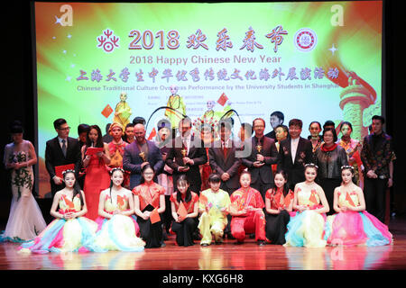New York, USA. 9th Jan, 2018. Performers and guests pose for photos after the 'Chinese Traditional Culture Overseas Performances by the University Students in Shanghai,' one of the events of the 'Happy Chinese New Year - Shanghai Week,' in New York, the United States, on Jan. 9, 2018. 'Happy Chinese New Year - Shanghai Week' is held from Jan. 9 to Jan. 12 in New York City to celebrate the Chinese Lunar New Year. Credit: Xinhua/Alamy Live News Stock Photo