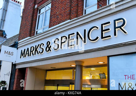 Weymouth, Dorset, UK.  9th January 2018.  Marks & Spencer shopfront sign in Weymouth, Dorset.  Picture Credit: Graham Hunt/Alamy Live News. Stock Photo