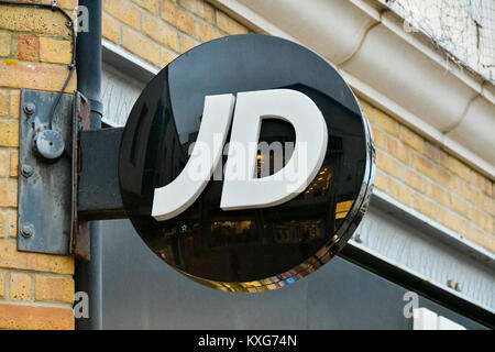 Weymouth, Dorset, UK.  9th January 2018.  JD shopfront sign in Weymouth, Dorset.  Picture Credit: Graham Hunt/Alamy Live News. Stock Photo