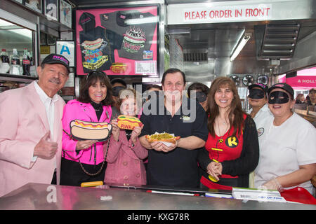 Hollywood, California, USA. 9th January, 2018. Actor Burt Ward, who played 'Robin', in the Batman TV series, was honored today at the legendary Pink's Hotdogs with a hot dog named in his honor. the Burt 'Robin' Ward Hotdog in celebration of the Batman '66' exhibit opening at the Hollywood Museum in Hollywood, California.  Credit: Sheri Determan/Alamy Live News Stock Photo