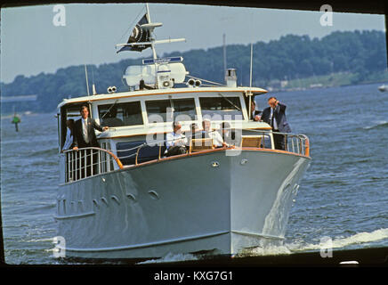 Severn River, Maryland, USA. 17th June, 1992. United States President George H.W. Bush and President Boris Yeltsin of the Russian Federation take a boat ride on the Severn River in Maryland on June 17, 1992. Credit: Ron Sachs/CNP Credit: Dennis Brack/CNP/ZUMA Wire/Alamy Live News Stock Photo