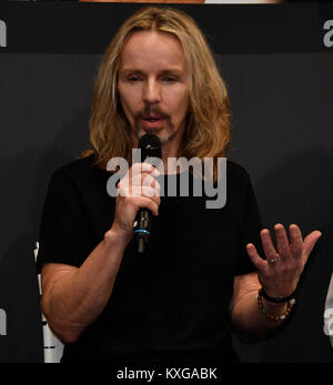 Las Vegas, USA. 9th January, 2018. Lead guitarist and singer Tommy Shaw of the rock group STYX arrives at the Universal Music Group booth, during the first day of the 2018 CES show Monday. first day of the 2018 CES show Monday. Photo by Gene Blevins/LA DailyNews/SCNG/ZumaPress Credit: Gene Blevins/ZUMA Wire/Alamy Live News Stock Photo
