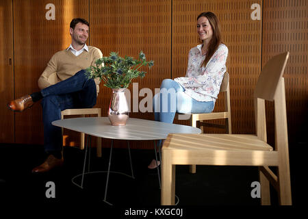 Models sitting on workshop chairs in Cologne, Germany, 10 January 2018. The IMM International Furniture Fair takes place in Cologne between 15 and 21 January 2018. Photo: Oliver Berg/dpa Stock Photo