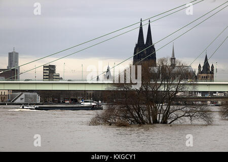 Cologne, Germany. 10th Jan, 2018. A ship sailing along the river Rhine in Cologne, Germany, 10 January 2018. The Rhine was cleared for navigation on Tuesday night after the receding of the river's water level. Credit: Oliver Berg/dpa/Alamy Live News Stock Photo