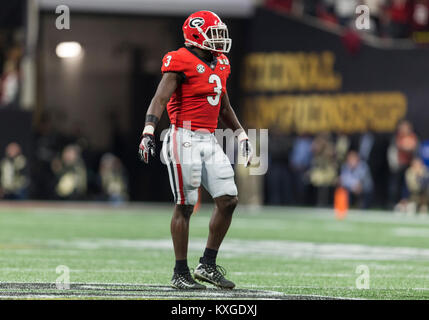 Atlanta, Georgia, USA. 8th Jan, 2018. Georgia linebacker Roquan Smith (3) during College Football Playoff National Championship game action between the Alabama Crimson Tide and the Georgia Bulldogs at Mercedes-Benz Stadium in Atlanta, Georgia. Alabama defeated Georgia 26-23 in Atlanta, Georgia, USA. Credit: Cal Sport Media/Alamy Live News Stock Photo