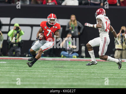 Atlanta, Georgia, USA. 8th Jan, 2018. Georgia running back D'Andre Swift (7) runs with the ball as Alabama defensive back Deionte Thompson (14) pursues during College Football Playoff National Championship game action between the Alabama Crimson Tide and the Georgia Bulldogs at Mercedes-Benz Stadium in Atlanta, Georgia. Alabama defeated Georgia 26-23 in Atlanta, Georgia, USA. Credit: Cal Sport Media/Alamy Live News Stock Photo