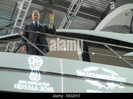 ExCel, London, UK. 10th Jan, 2018. The five day London Boat Show opens with guest Sir Geoff Hurst kicking off the Sunseeker stand launch. Sunseeker announce they will be Official Partners for the FIFA World Cup Russia 2018. Credit: Malcolm Park/Alamy Live News. Stock Photo