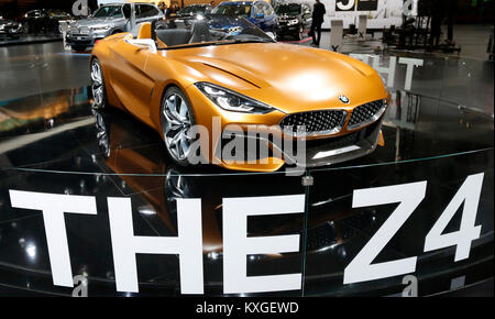 Brussels. 10th Jan, 2018. Photo taken on Jan. 10, 2018 shows the BMW Z4 during the media day of the 96th European Motor Show in Brussels, Belgium. Credit: Ye Pingfan/Xinhua/Alamy Live News Stock Photo