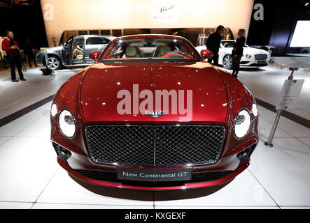 Brussels. 10th Jan, 2018. Photo taken on Jan. 10, 2018 shows the Bentley new continental GT during the media day of the 96th European Motor Show in Brussels, Belgium. Credit: Ye Pingfan/Xinhua/Alamy Live News Stock Photo