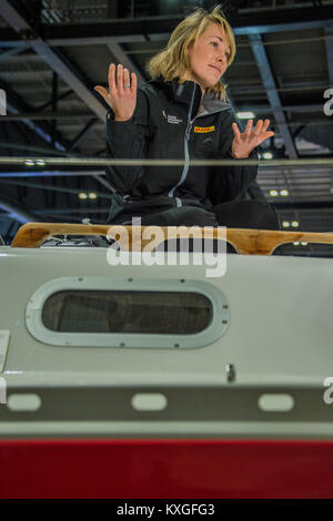 London, UK. 10th Jan, 2018. Susie Goodall launches her DHL Starlight, a newly refurbished Rustler 36, ahead of her participation in the historic 2018 Golden Globe Race - The London Boat Show 2018 opens at the Excel centre in the Docklands. Credit: Guy Bell/Alamy Live News Stock Photo