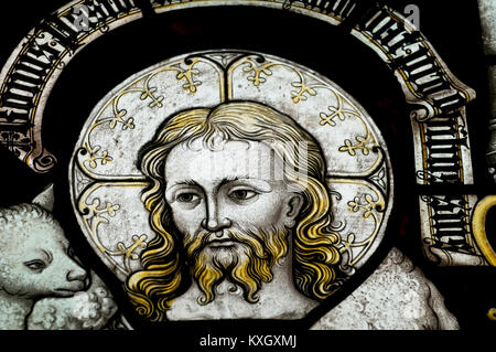 Stained glass window of Jesus the Christ in St Andrew's Church, South Tawton. Devon. Stock Photo