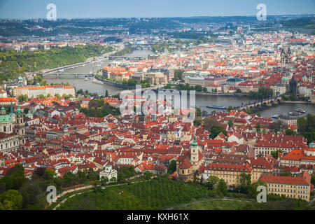 Aerial panoramic view of Prague. Bridges over Vltava river in summer day Stock Photo