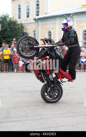 Verkhovazhye, Vologda region, Russia - August 10, 2013: Masterly control of the motorcycle Alexei Kalinin Stock Photo