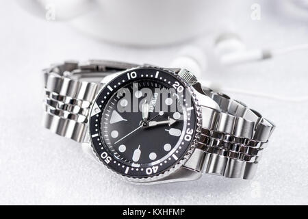 closeup men dive watch with stainless steel bracelet Stock Photo