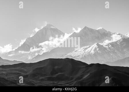 Misty mountains. Himalayas, Nepal, Annapurna Conservation Area. Black and white image Stock Photo