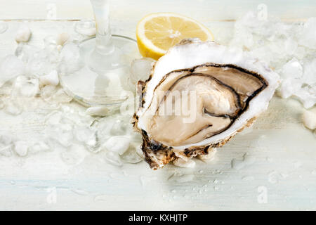 A closeup photo of a freshly opened oyster on ice, with a glass of wine, a slice of lemon, and a place for text. Selective focus Stock Photo