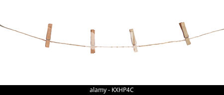 Four wooden clothespins on a rope, isolated on white background Stock Photo