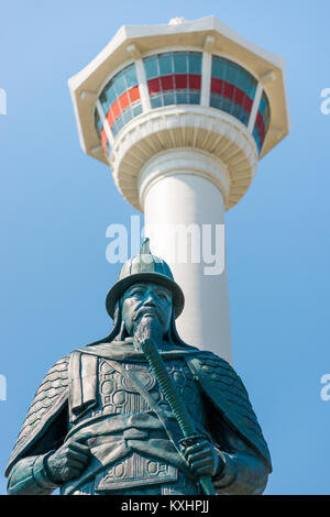 Busan Tower and Statue Admiral Yi Sun-shin in Yongdusan Park, South Korea. Stock Photo