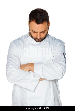 Young chef  sleeping in white uniform isolated on white background. Stock Photo