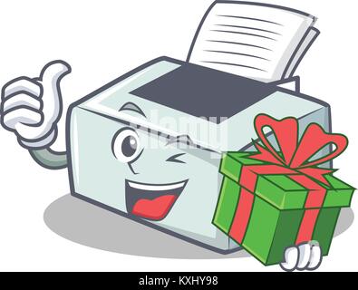 With gift printer mascot cartoon style Stock Vector