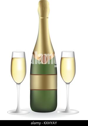 Champagne bottle with two full wineglasses, vector Stock Vector