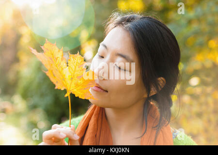 Close-up of young woman with closed eyes holding dry maple leaf at park on sunny day Stock Photo