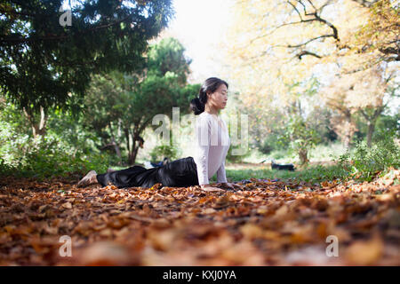 Woman performing yoga while lying on dry leaves by trees at park Stock Photo