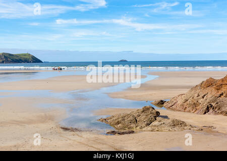 General view of Polzeath Beach in Cornwall, England. Stock Photo