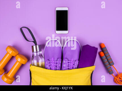 Creative flat lay of sport and fitness equipments Stock Photo