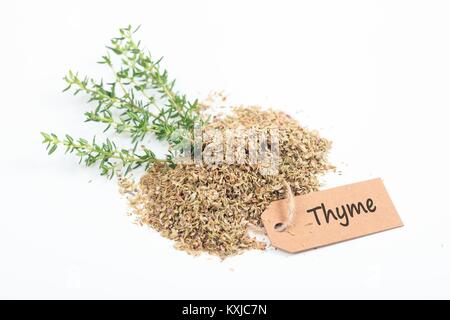Thyme fresh and dried on white background Stock Photo