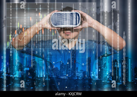 Asian Man wearing virtual reality Looking the digital numeric display of security or hacker and showing the trading graph on cityscape and world map   Stock Photo